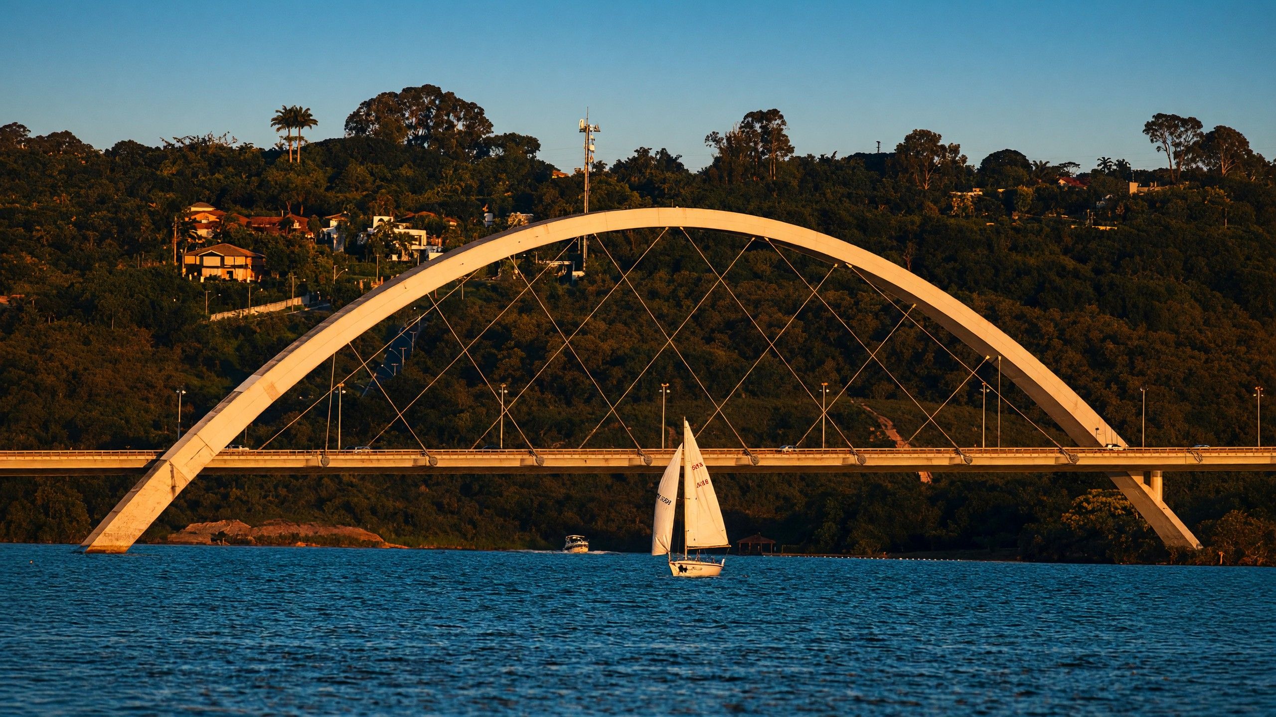Ponte JK com um veleiro passando por baixo